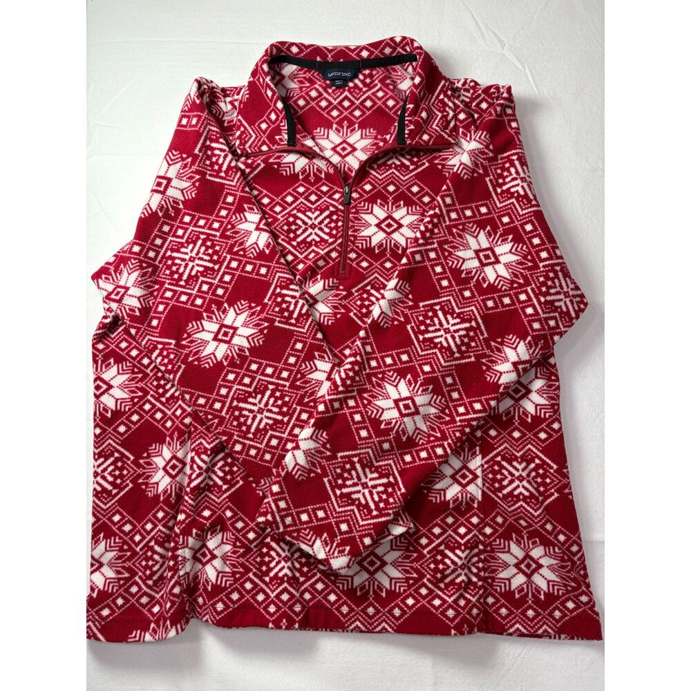 Lands End Quarter Zip Fleece Pullover Red White Snowflake Fair Isle Womens Mediu